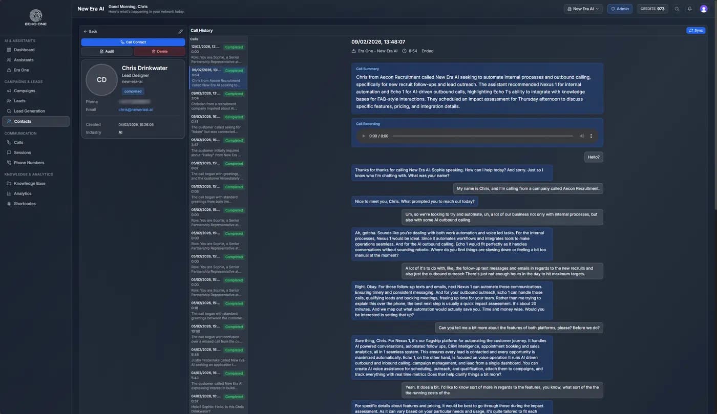 Echo One call log with transcripts and captured details
