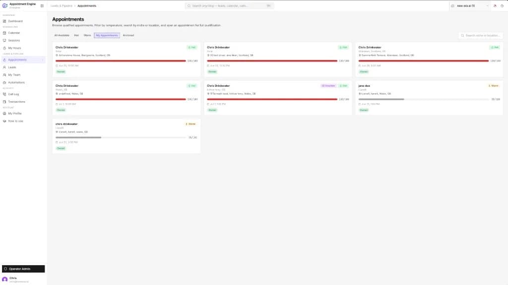 Appointment Engine booking view showing scheduled appointments