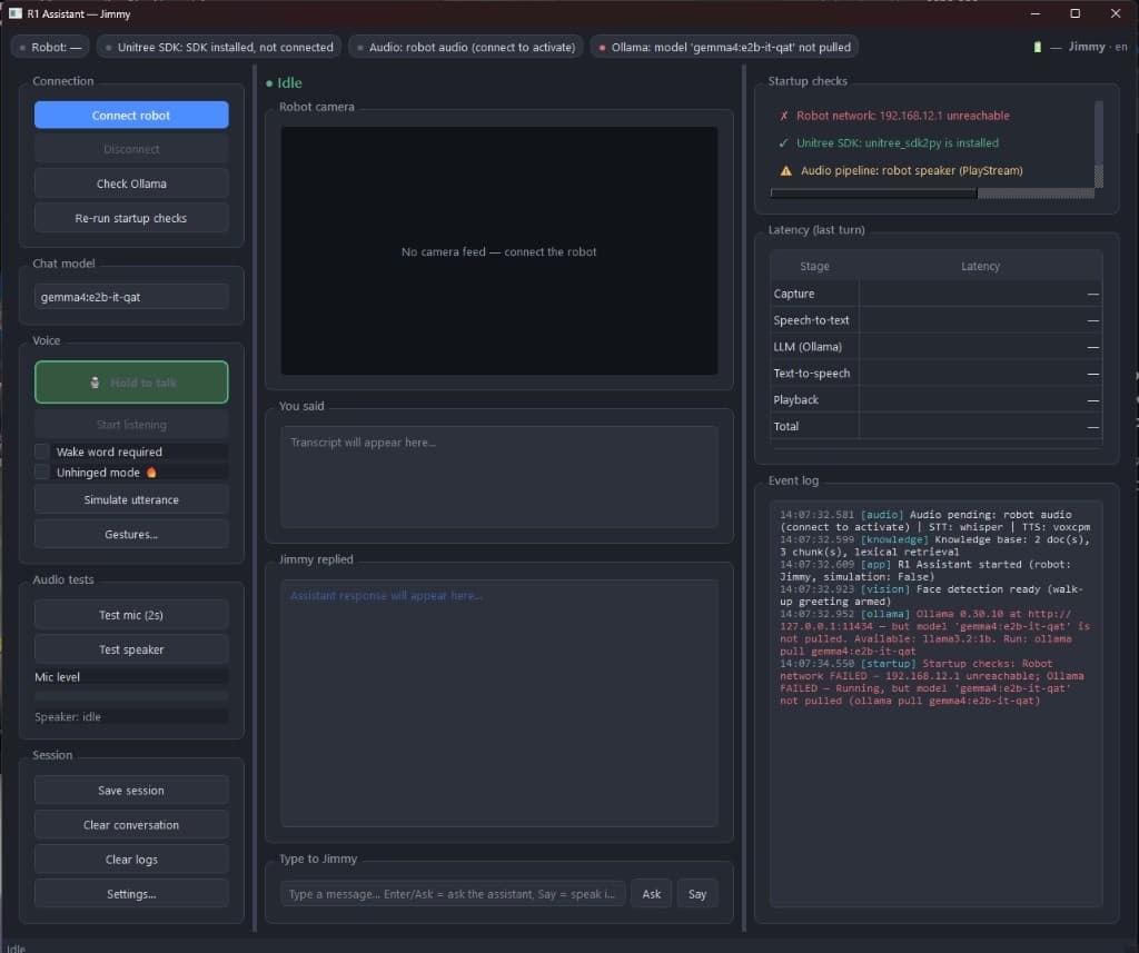 R1 Assistant Jimmy app showing connection, chat model, voice controls, camera and latency diagnostics